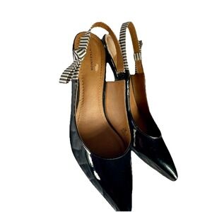 14th & Union Black Patent Slingback Kitten Heels  Striped Bow Chic & Elegant 7M
